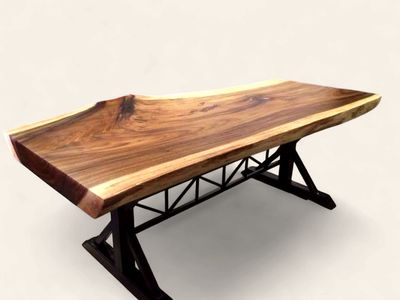 Live-Edge Suar Dining Table with Steel Truss Base Live-Edge Suar Dining Table with Steel Truss Base