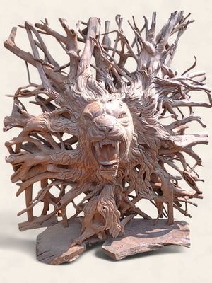 Monumental Hand-Carved Teak Lion Architectural Screen