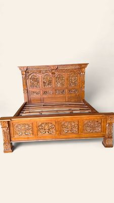 Luxury Hand-Carved Teak King Bed with Floral Detailing