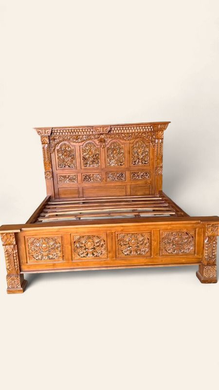 Teak Hand Carved King Size Bed