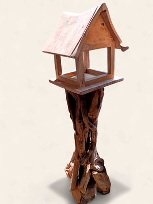 Handcrafted Teak Bird Feeder &amp; Birdhouse on Stand – Square, Round or Gable