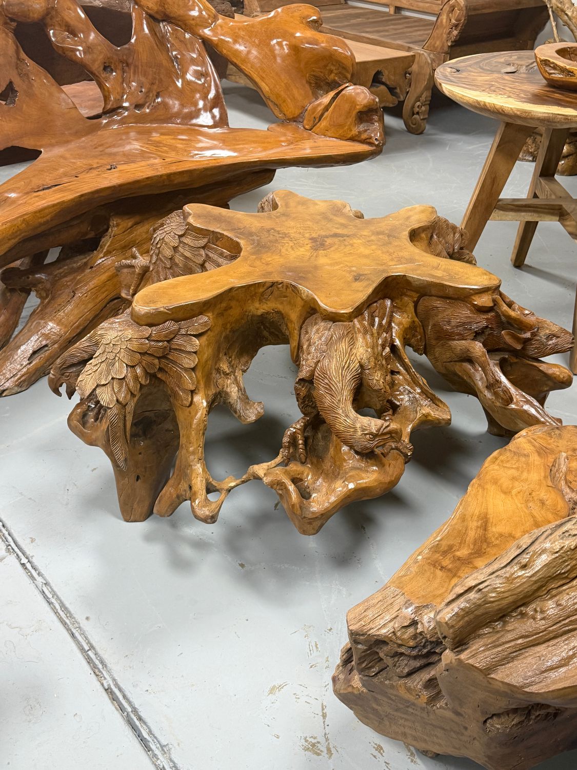 Hand-Carved Teak Root Wildlife Coffee Table