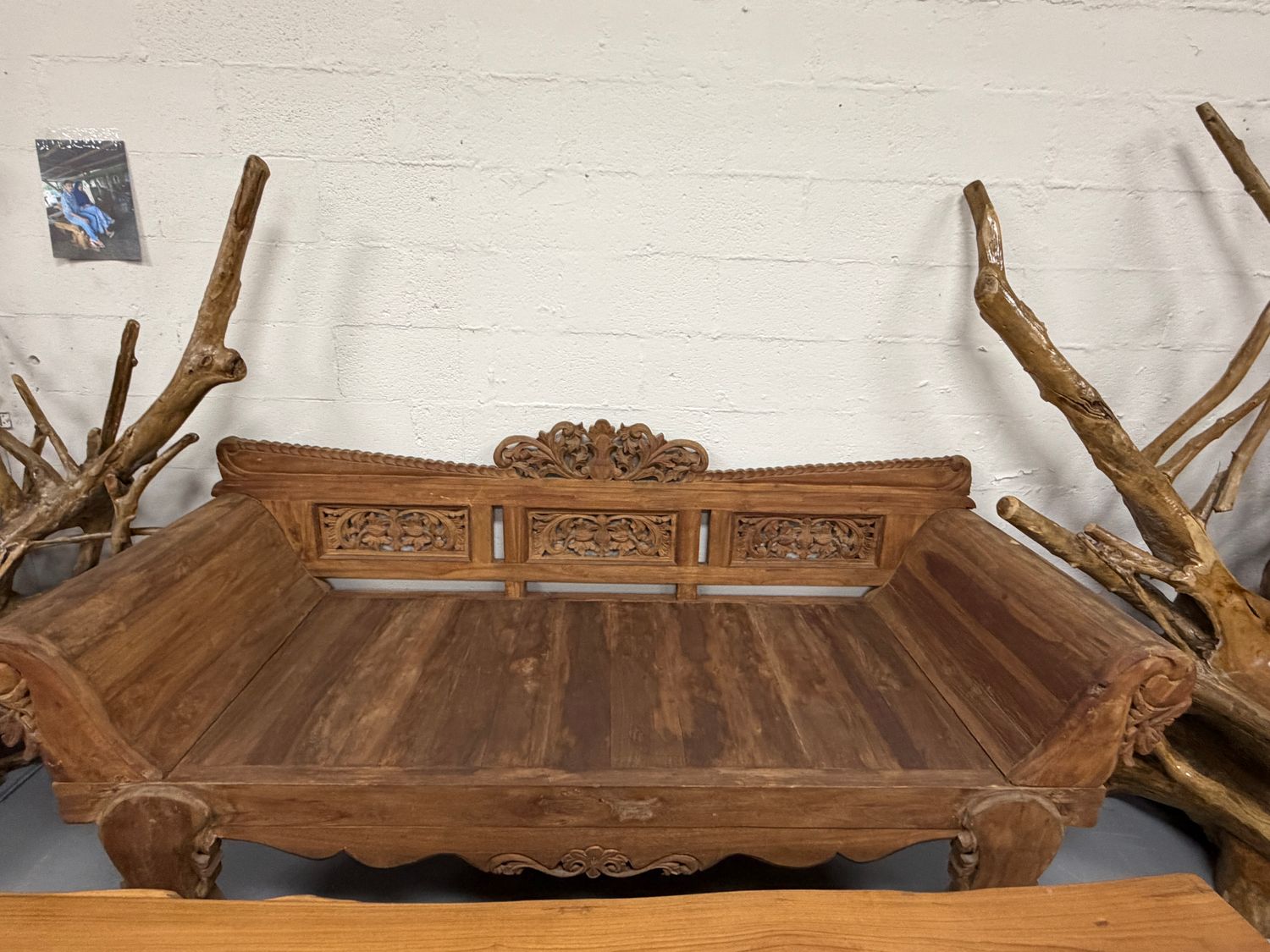 Large Rolled-Arm Java Wood Bench