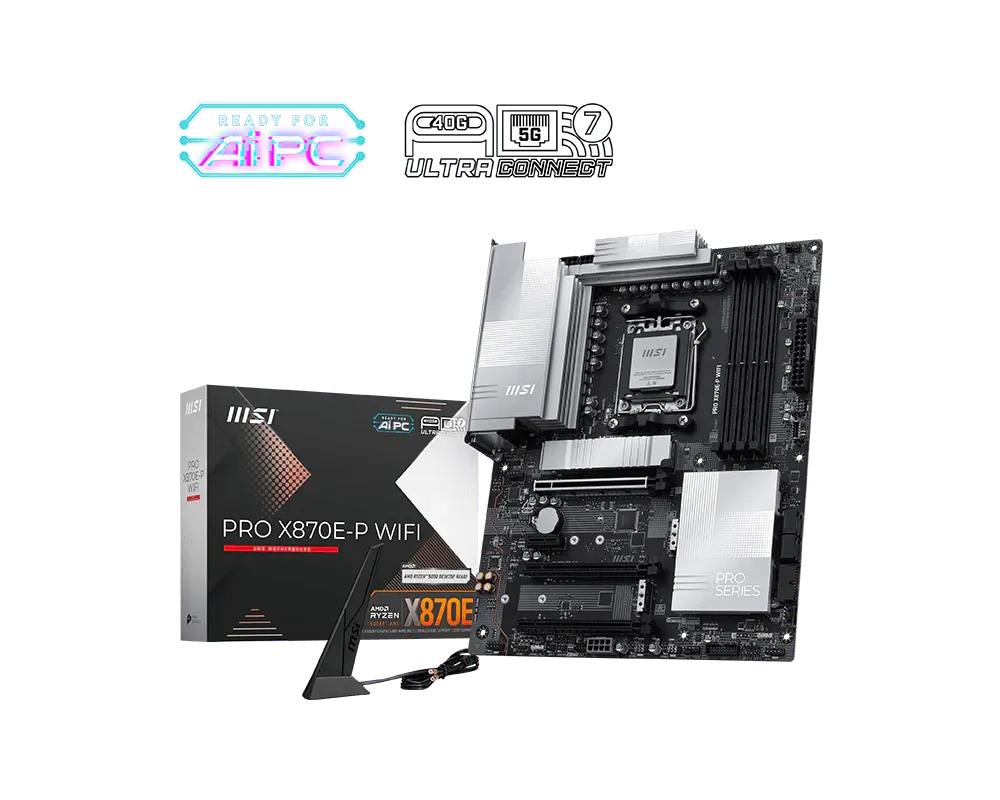 MSI PRO X870E-P WIFI Motherboard – AMD X870E, AM5, DDR5 8200+ MHz (OC), PCIe 5.0, USB4 40Gbps, Wi-Fi 7, 5G LAN, Triple M.2, ATX
