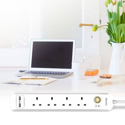Huntkey SUC507 Power Strip: 4 UK Outlets, 2 USB Ports (2.4A), Surge Protection, Child Safety Shutters, Flame-Retardant, 2m Cord