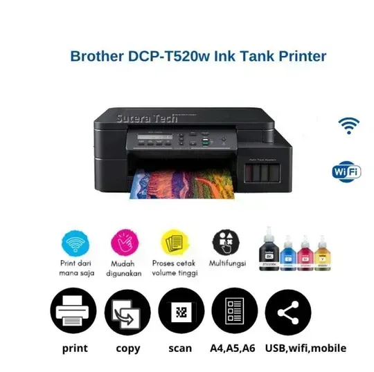 Brother DCP-T520W Wireless, Inkbenefit Plus 3-in-1 Inkjet Printer Colour (All-in One Ink)