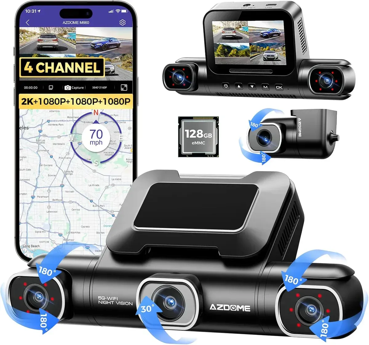 AZDOME M660 360° 4-Channel Dash Cam – 2K Front, 1080P Rear/Inside/Left/Right, Built-in 128GB eMMC, 5G WiFi, Voice Control, 4 Adjustable Lenses, IR Night Vision