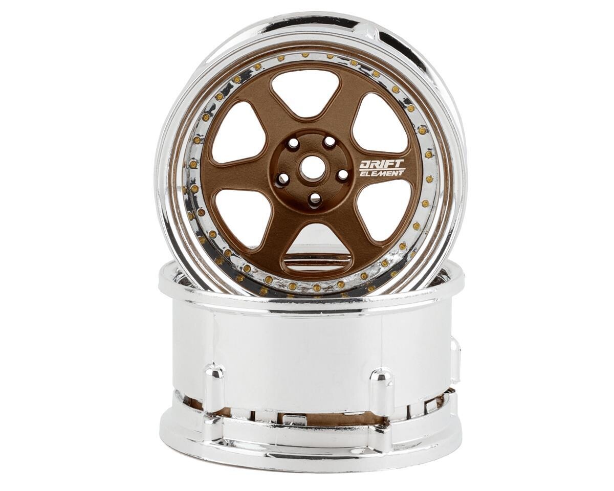 DS Racing Drift Element 6 Spoke Drift Wheels (Gold &amp; Chrome w/Gold Rivetss) (2) (Adjustable Offset) w/12mm Hex - DSC-DE-218