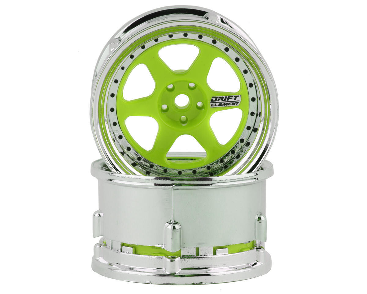 DS Racing Drift Element 6 Spoke Drift Wheel (Green Face/Chrome Lip/Black Rivets) (Adjustable Offset) w/12mm Hex - DSC-DE-226