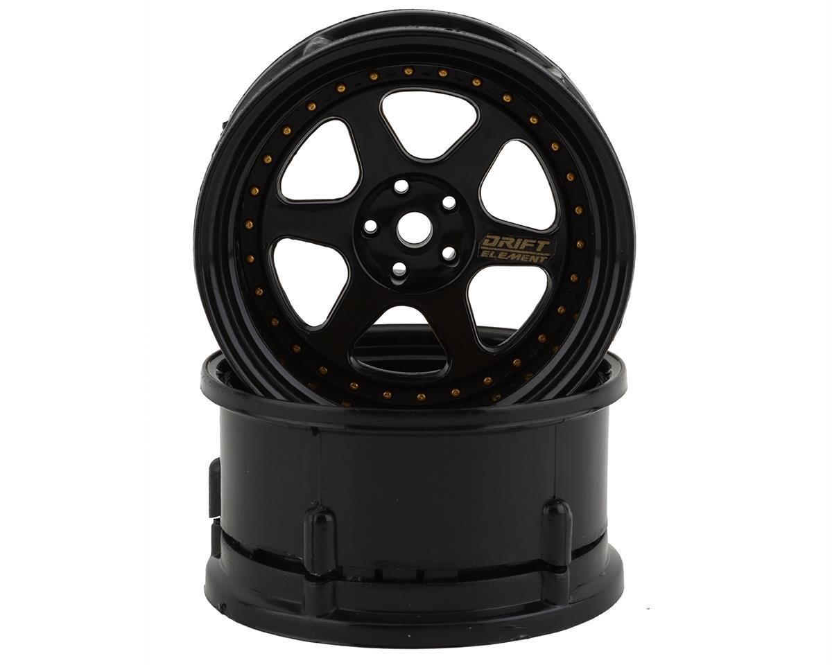 DS Racing Drift Element 6 Spoke Drift Wheels (Triple Black w/Gold Rivets) (2) (Adjustable Offset) w/12mm Hex -         DSC-DE-207