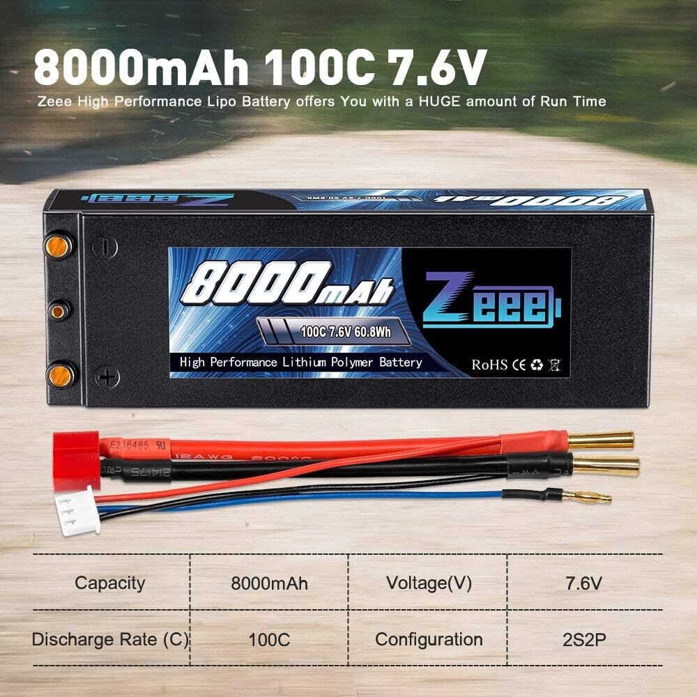 Zeee 2S Lipo Battery 7.6V 100C 8000mAh High-Voltage Hardcase RC Lipo Batteries with 4mm Bullet to Deans T Connector - ZEEE 8000/X001TI6TBH