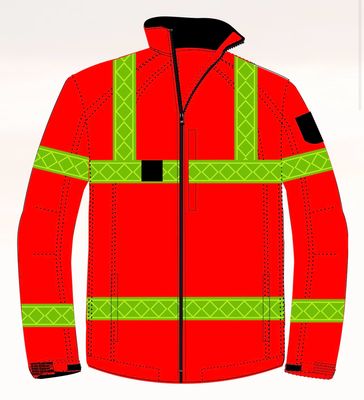 Veste softshell haute visibilité rouge fluo LOLA 4 bandes microprisme jaune CODUPAL
