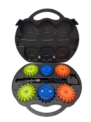Valise ovale de 6 balises lumineuses led vert / bleu / orange magnétiques et rechargeables - reconnaissance sapeurs-pompiers BG-SAFETY