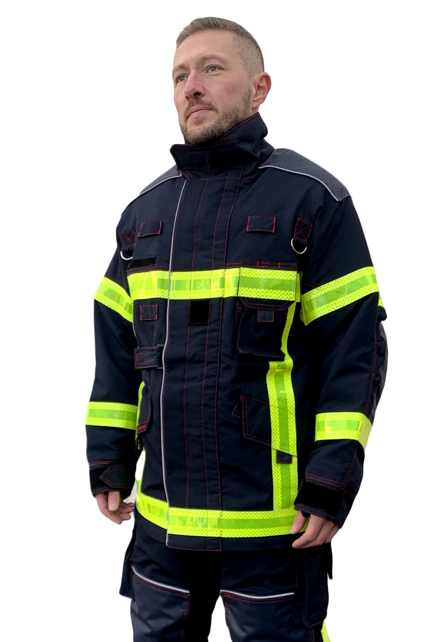 Veste d'intervention textile sapeurs-pompiers niveau 2 courte ALPHA bleu bandes microprisme triple trim MARTINAS