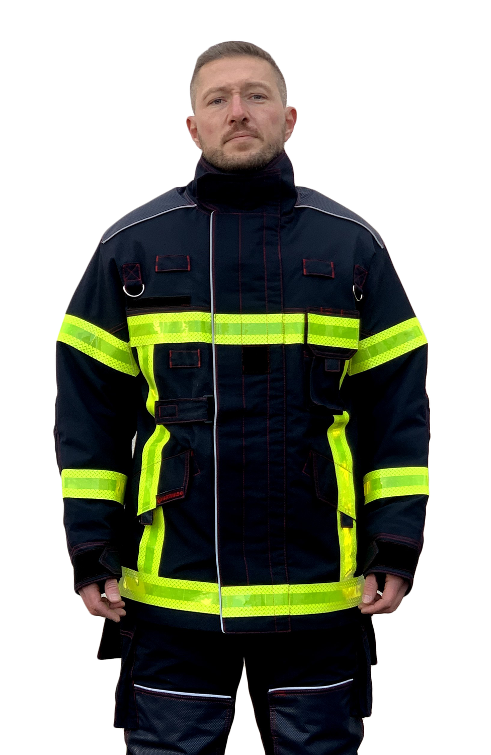 Veste d'intervention textile sapeurs-pompiers niveau 2 courte ALPHA bleu bandes microprisme triple trim MARTINAS