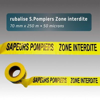 Rouleau de rubalise / ruban de signalisation jaune avec texte SAPEURS POMPIERS ZONE INTERDITE 250m x 75mm Rouleau de rubalise / ruban de signalisation jaune avec texte SAPEURS POMPIERS ZONE INTERDITE 250m x 75mm