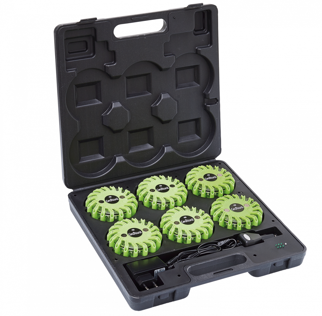 Malette de 6 balises de signalisation led vertes magnétique et rechargeable FLASH CODE COURANT