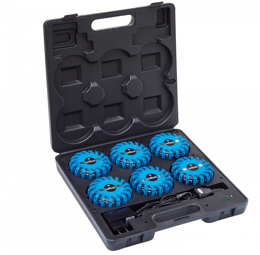 Malette de 6 balises de signalisation led bleues magnétique et rechargeable FLASH CODE COURANT