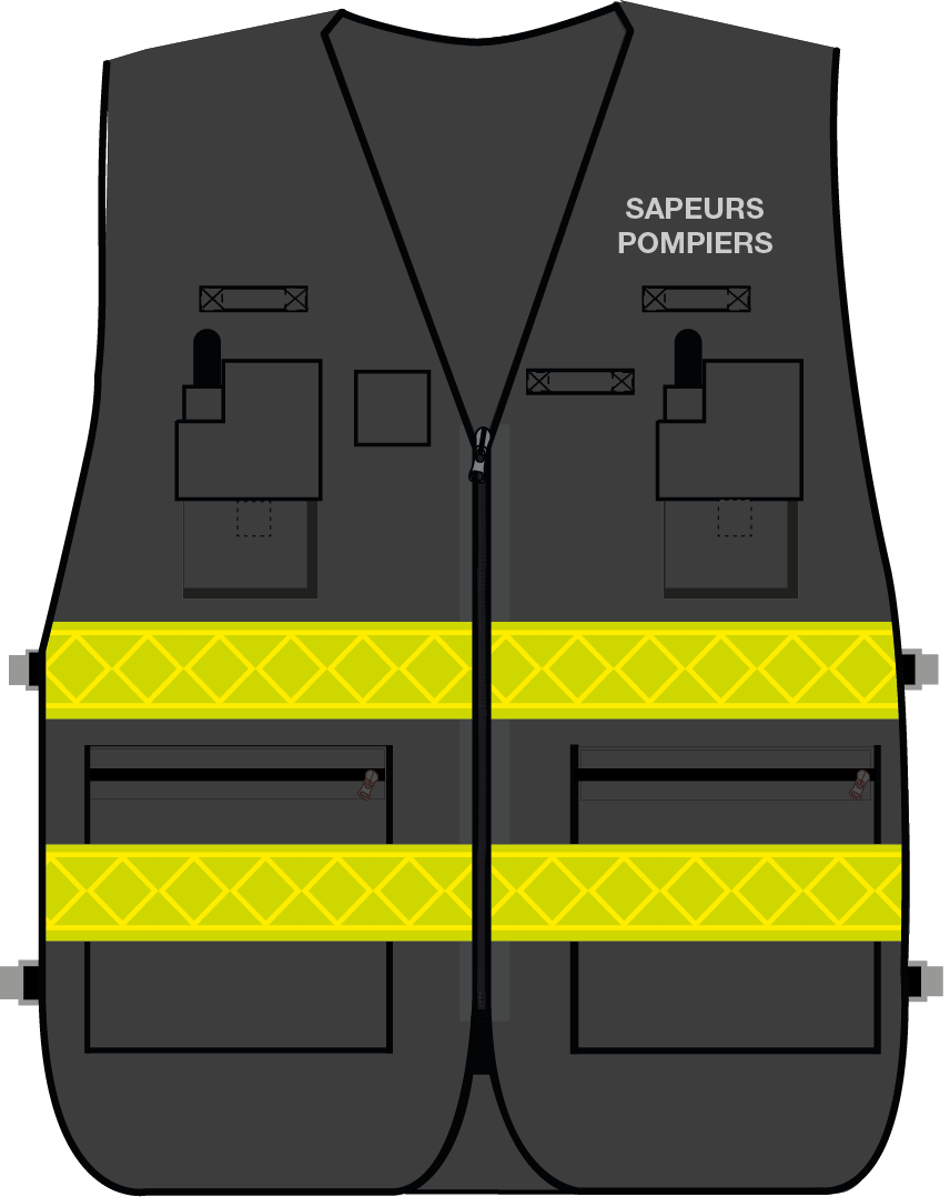Gilet d'intervention / d'identification sapeurs-pompiers  multipoches noir bandes microprismes jaune CODUPAL