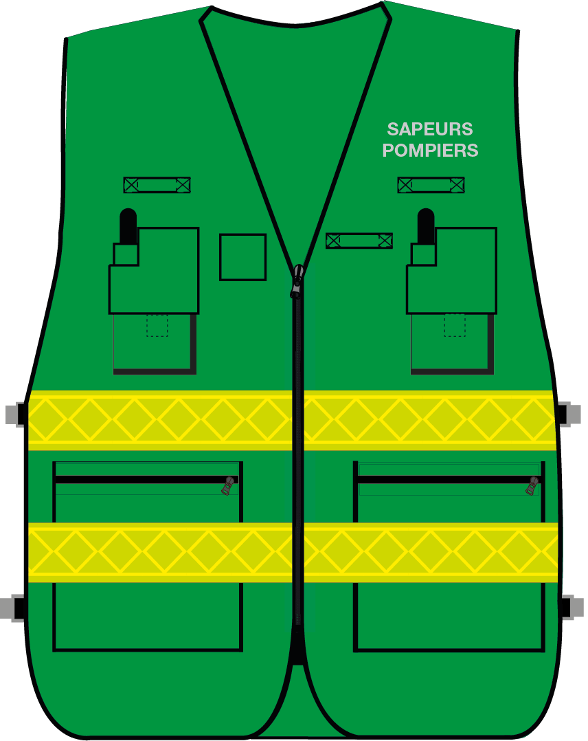 Gilet d'intervention / d'identification sapeurs-pompiers multipoches vert bandes microprismes jaune CODUPAL Gilet d'intervention / d'identification sapeurs-pompiers multipoches vert bandes microprismes jaune CODUPAL