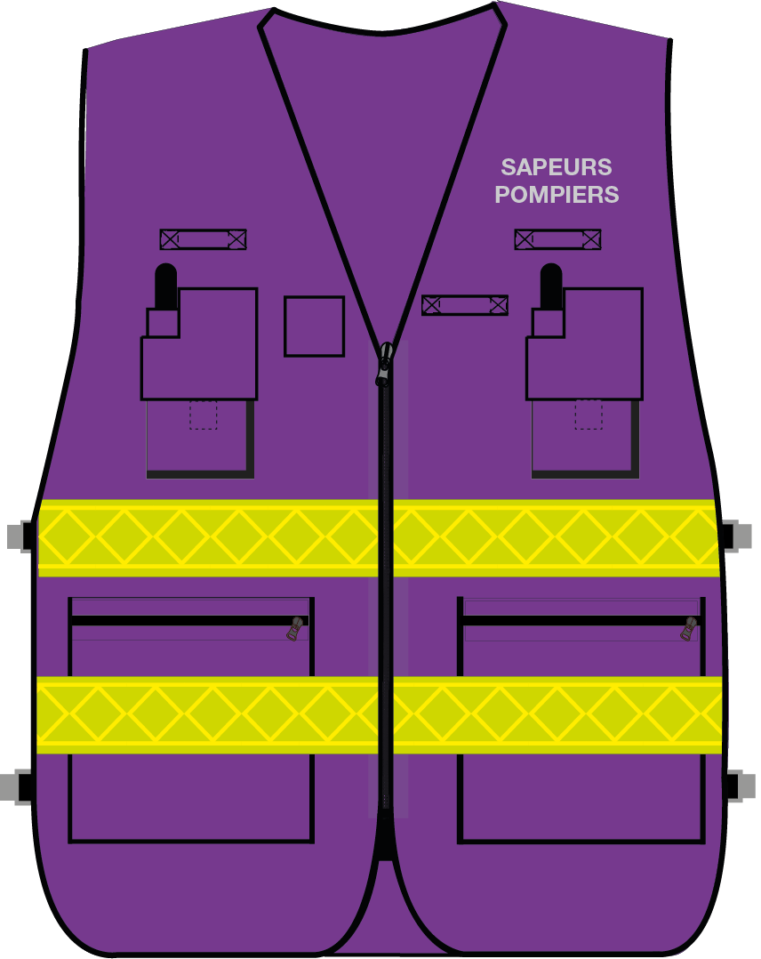 Gilet d'intervention / d'identification sapeurs-pompiers  multipoches violet bandes microprismes jaune CODUPAL