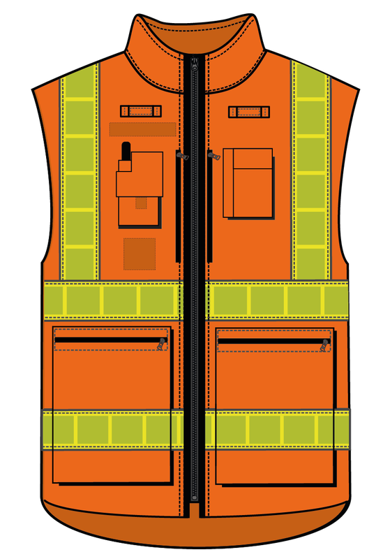 Gilet haute visibilité multipoches orange bandes microprismes jaune CODUPAL