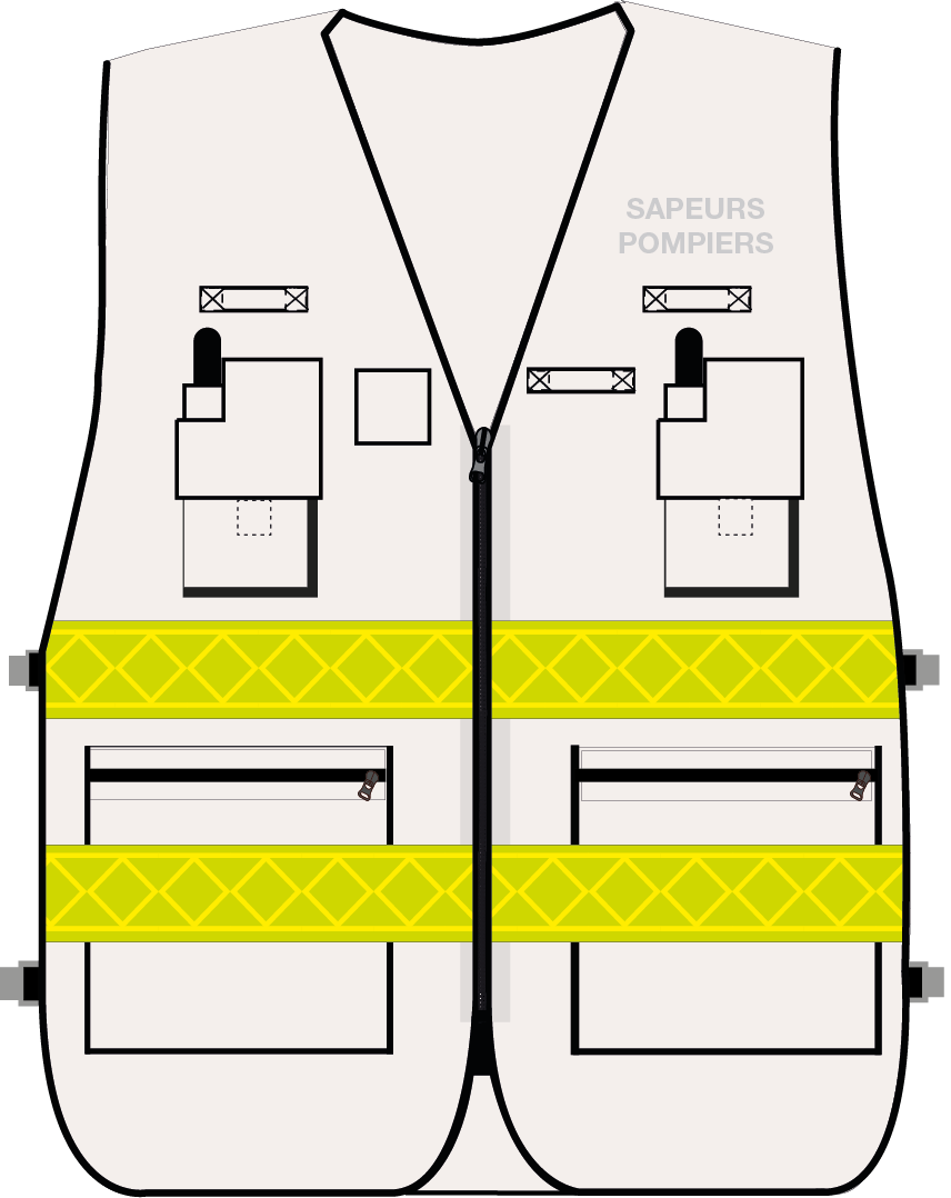 Gilet d'intervention / d'identification sapeurs-pompiers  multipoches blanc bandes microprismes jaune CODUPAL