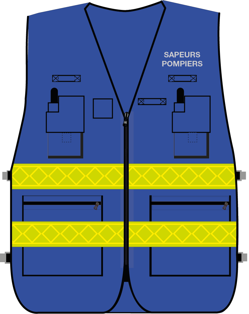 Gilet d'intervention / d'identification sapeurs-pompiers  multipoches bleu bandes microprismes jaune CODUPAL