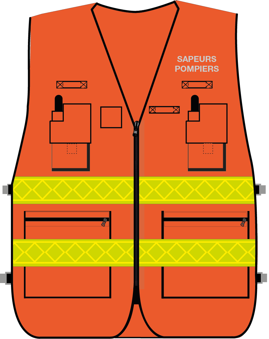 Gilet d'intervention sapeurs-pompiers haute visibilité multipoches orange bandes microprismes jaune CODUPAL