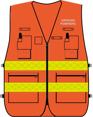 Gilet d'intervention sapeurs-pompiers haute visibilité multipoches orange bandes microprismes jaune CODUPAL