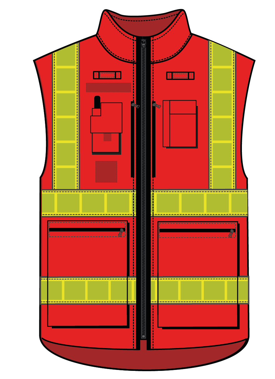 Gilet haute visibilité multipoches rouge fluo bandes microprismes jaune CODUPAL
