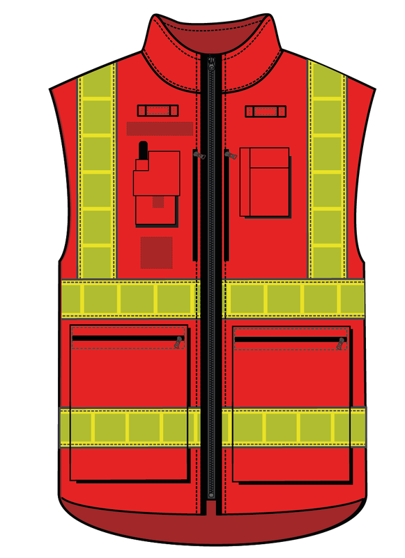 Gilet haute visibilité multipoches rouge fluo bandes microprismes jaune CODUPAL