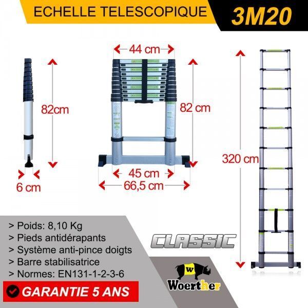 Echelle télescopique 3m20 avec barre stabilisatrice classic WOERTHER