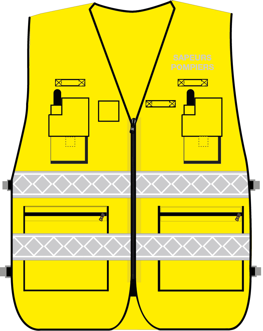 Gilet d'intervention sapeurs-pompiers haute visibilité multipoches jaune fluo bandes microprismes grise CODUPAL