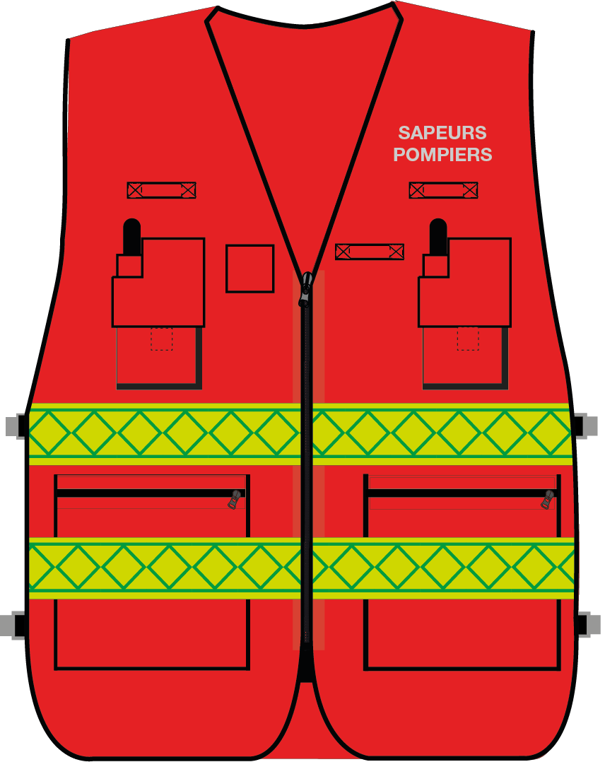 Gilet d'intervention sapeurs-pompiers haute visibilité multipoches rouge bandes microprismes jaune CODUPAL