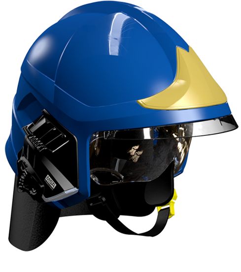 Casque F1XF bleu, écran facial doré, écran oculaire transparent, intérieur cuir, bavolet aramide, support de lampe droit, housse de transport, plaque attribut or sapeurs-pompiers MSA