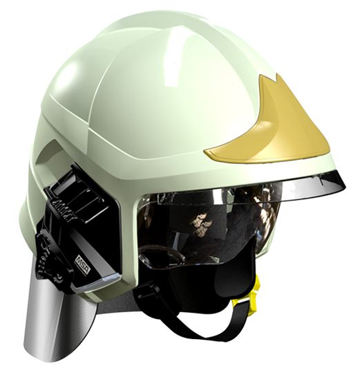 Casque F1XF photoluminescent, écran facial doré, écran oculaire transparent, intérieur cuir, bavolet aluminisé, support de lampe droit, housse de transport, plaque attribut or sapeurs-pompiers MSA