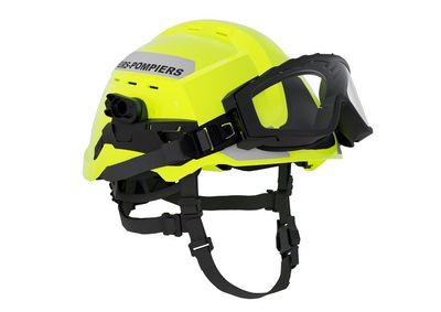 Casque sapeurs-pompiers F2XR jaune fluo MSA - Avec masque responder, signalisation grise SP et support de lampe