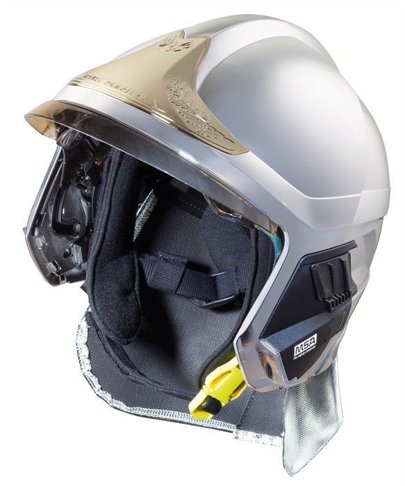 Casque F1XF métallisé, écran facial doré, écran oculaire transparent, intérieur cuir, bavolet aluminisé, support de lampe droit, housse de transport, plaque attribut or sapeurs-pompiers MSA
