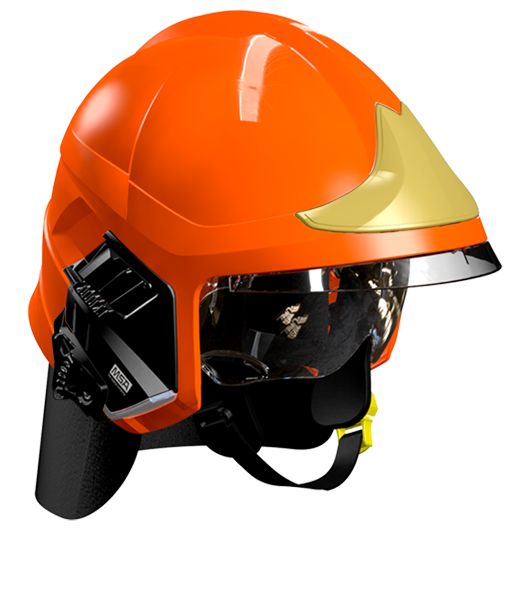 Casque F1XF orange fluo, écran facial doré, écran oculaire transparent, intérieur cuir, bavolet aramide, support de lampe droit, housse de transport, plaque attribut or sapeurs-pompiers MSA