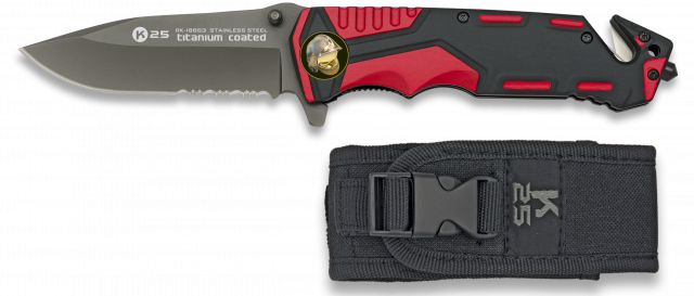 Couteau pliant K25 casque pompier rouge/noir Scie lame 9.2 Housse ALBAINOX