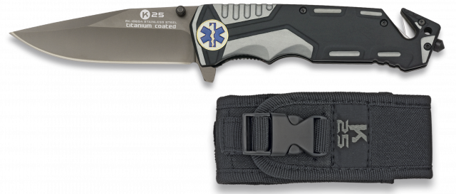 Couteau pliant K25 gris/noir. Lame 9.4 c ambulancier ESTRELLA DE LA VIDA avec étui ALBAINOX