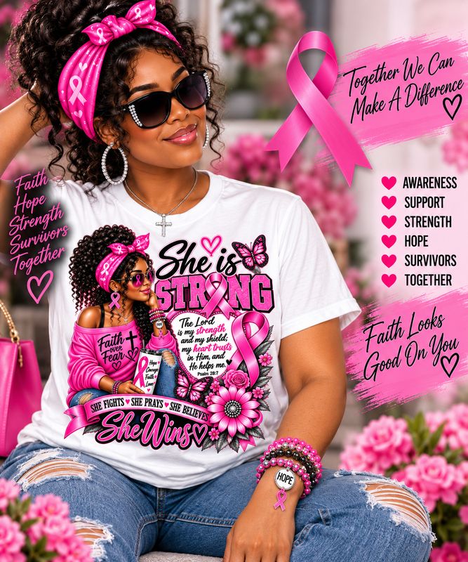 She Is Strong – Warrior By Faith Breast Cancer T-Shirt