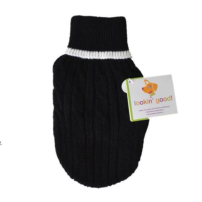 Fashion Pet - Cable Knit Dog Sweater - Black - X-Small (8"-10" From Neck Base to Tail)