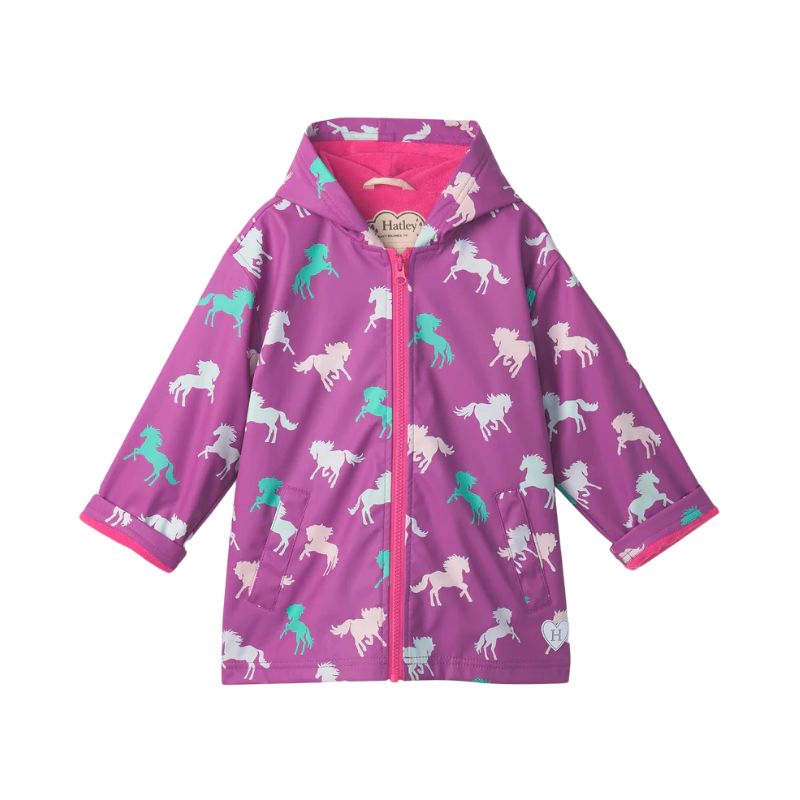 Hatley Colour Changing Zip Up Rain Jacket Leaping Horses  Hyacinth Violet