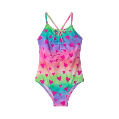 Hatley Ruched Front Swimsuit Kaleidoscope Hearts Fuchsia Purple