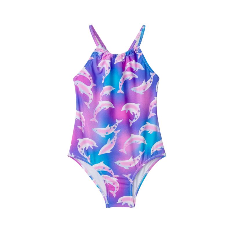 Hatley Gather Front Swimsuit Airbrush Dolphins Spring Crocus