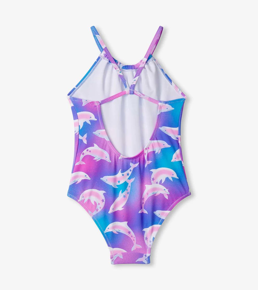 Hatley Gather Front Swimsuit Airbrush Dolphins Spring Crocus