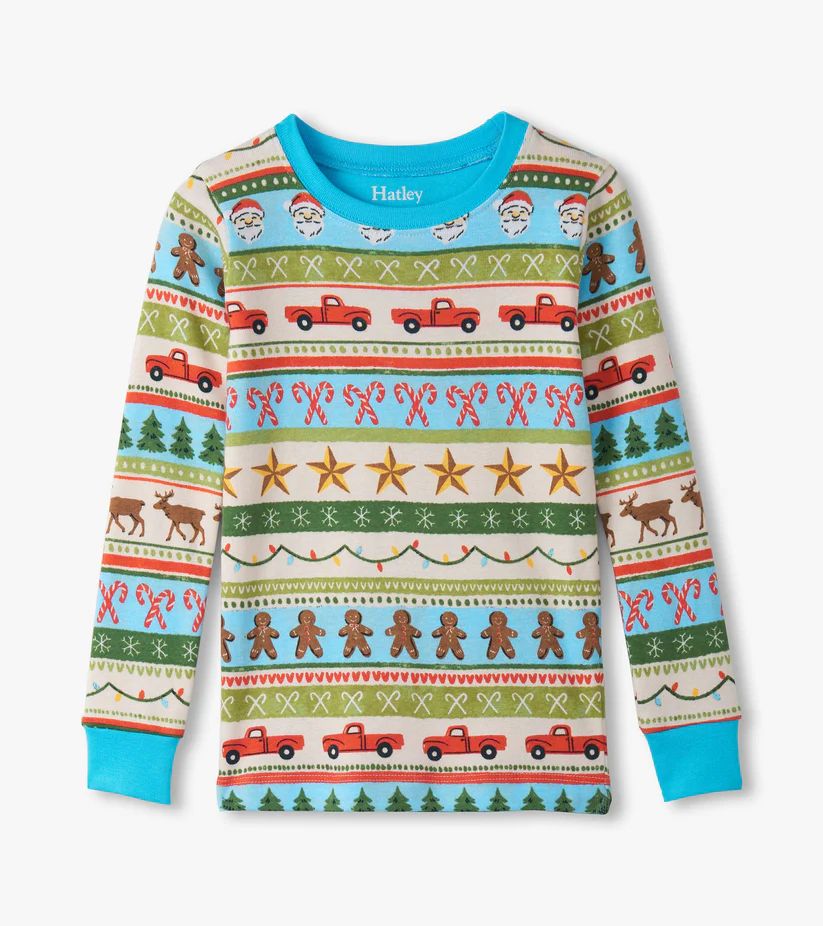Hatley Cotton Pajama Set Blue Fun Fair Isle