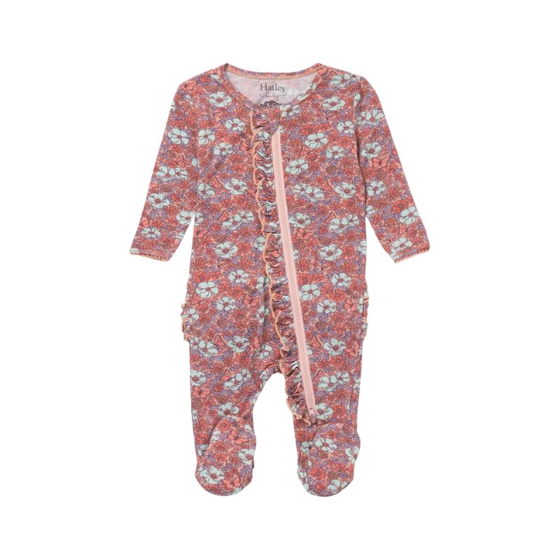Hatley  Bum Footed Coverall Groovy Flowers Baby Ruffle Sepia Rose